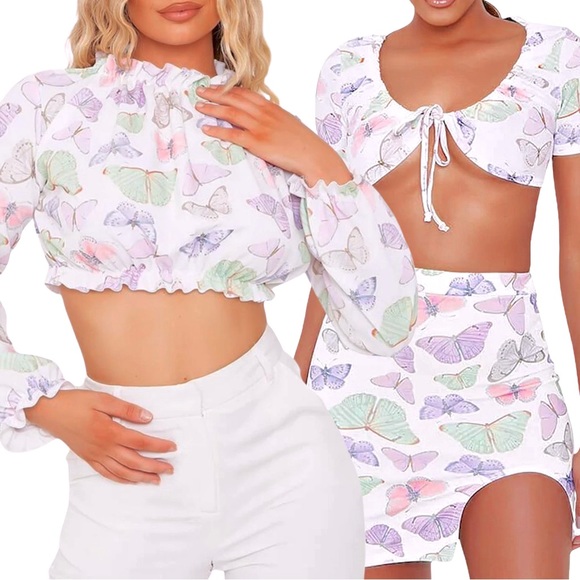 WHITE BUTTERFLY PRINT LONG SLEEVE CROP TOP - Picture 4 of 7